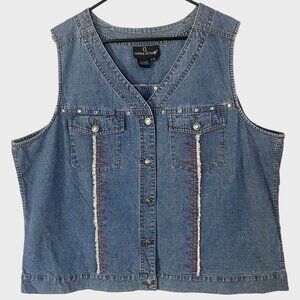 Vintage Carole Little Stonebridge Denim Vest Womens Size 20 Rhinestone Detailing